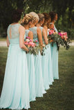 New Arrival A-Line V-Neck Floor-Length Mint Open Back Chiffon Bridesmaid Dress with Lace GD00004 Rjerdress