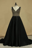 New Arrival A Line V Neck Party  Dresses Satin With Beads&Rhinestones