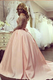 New Arrival Ball Gown Boat Neck Satin With Applique Prom Dresses Long Sleeves Quinceanera Dresses Rjerdress