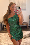 New Arrival Bodycon One Shoulder Above Knee Length Sequin Beaded Homecoming Dress