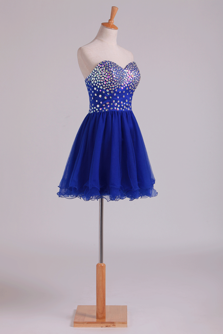 New Arrival Dark Royal Blue A Line Sweetheart Hoco Dresses Tulle Short With Beads Rjerdress