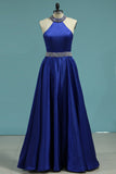 New Arrival High Neck Open Back A Line Satin With Beading Party Dresses