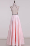 New Arrival High Neck Open Back A Line Satin With Beading Party Dresses Rjerdress