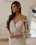 New Arrival Mermaid V-Neck Lace Wedding Dresses With Applique Long Sleeves Rjerdress