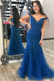 New Arrival Off The Shoulder Blue Lace Backless Mermaid Long Prom Dresses RJS427 Rjerdress