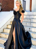 New Arrival Off The Shoulder Split Black Prom Dresses A Line Satin With Appliques Pockets Rjerdress