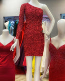 New Arrival One Shoulder Red Sequin Homecoming Dresses Sheath Short/Mini Long Sleeves Prom Dresses
