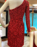 New Arrival One Shoulder Red Sequin Homecoming Dresses Sheath Short/Mini Long Sleeves Prom Dresses Rjerdress