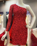 New Arrival One Shoulder Red Sequin Homecoming Dresses Sheath Short/Mini Long Sleeves Prom Dresses Rjerdress