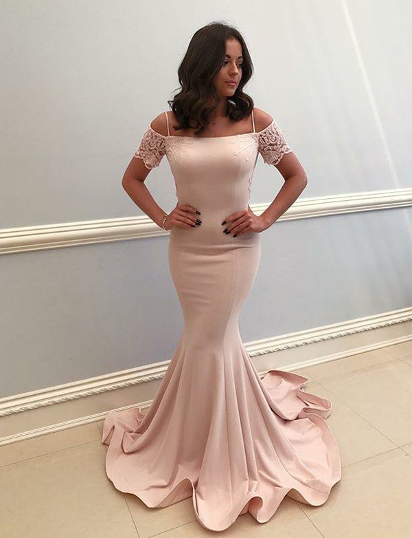 New Arrival Pearl Pink Mermaid Prom Dresses Scoop Chiffon With Lace Rjerdress