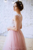 New Arrival Princess Scoop Neck Tulle with Appliques Lace Floor-length Pink Prom Dresses RJS630 Rjerdress