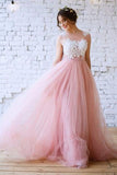 New Arrival Princess Scoop Neck Tulle with Appliques Lace Floor-length Pink Prom Dresses RJS630 Rjerdress