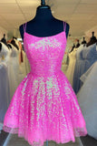 New Arrival Sequins Pink Above Knee A Line Spaghetti Straps Homecoming Dresses Short Cocktail Dresses Rjerdress