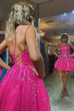 New Arrival Sequins Pink Above Knee A Line Spaghetti Straps Homecoming Dresses Short Cocktail Dresses