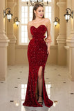 New Arrival Strapless Sequin Sweep Train Mermaid Slit Prom Evening Dresses