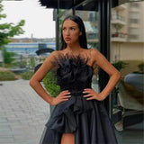 New Arrival Strapless Slit Prom Dresses A Line Satin With Feathers Rjerdress