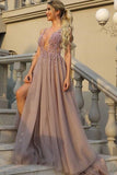New Arrival Straps Prom Dresses A Line Tulle With Beading And Slit Rjerdress