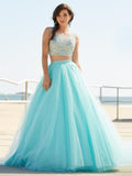 New Arrival Two Pieces Scoop Beaded Bodice Tulle A Line Prom Dresses