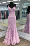 New Arrival V Neck Lace Purple Mermaid Backless Prom Dresses Sweep Train