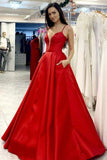 New Arrival V Neck Open Back Red A Line Satin Prom Dresses Rjerdress