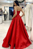 New Arrival V Neck Open Back Red A Line Satin Prom Dresses Rjerdress