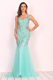 New Arrival V Neck Tulle With Applique And Beads Mermaid Formal Dresses