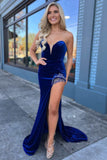 New Arrival Velvet Sweetheart Mermaid Prom Dresses With Slit