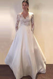 New Arrival Wedding Dresses A-Line V-Neck Long Sleeves Satin With Applique Rjerdress
