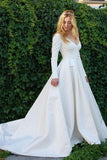 New Elegant Satin Wedding Dresses V Neck Long Sleeve Bridal Gowns Bride Dresses Rjerdress