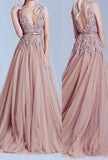New Fashion Dusty Pink Tulle Off Shoulder Lace Long Elegant Party Prom Dress rjs102 Rjerdress