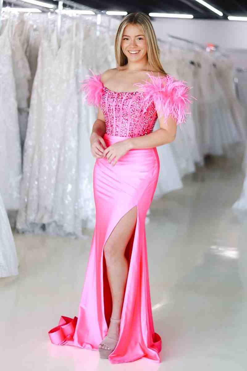 New Mermaid Satin Off The Shoulder Beaded Side Slit Long Prom Dresses With Feather Rjerdress