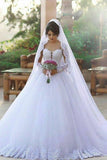 New Off The Shoulder Long Sleeves A-Line Court Train Tulle Wedding Dresses With Applique Rjerdress