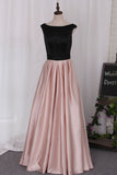 New Party Dress A Line Boat Neckline Floor-Length  Satin With Beaded Waist Line Rjerdress