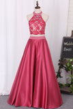 New Party Dresses A-Line Scoop Floor-Length Lace And Satin With Side Pockets Rjerdress