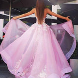New Style A-Line Sweetheart Straps Pink Tulle Prom Dresses UK with Lace Appliques RJS378 Rjerdress