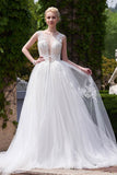 New Style A-line Scoop Neck Tulle Appliques Lace Court Train Backless Wedding Dress Rjerdress