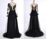 New Style Black Long Sleeves Lace Deep V Neck Thigh-High Slit Sexy Lace Evening Gowns RJS111 Rjerdress