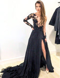 New Style Black Long Sleeves Lace Deep V Neck Thigh-High Slit Sexy Lace Evening Gowns RJS111 Rjerdress