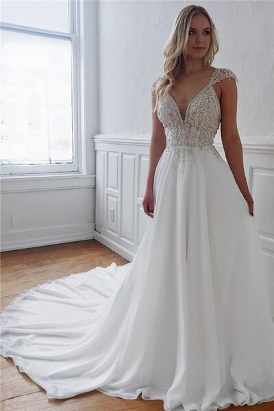 New Style Cheap Deep V-Neck A-Line Open Back Sweep Train Wedding Dresses Rjerdress