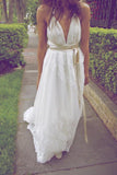 New Style Deep V-Neck A-Line Sleeveless White Open Back Sexy Ivory Lace Wedding Dress RJS862