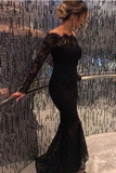 New Style Mermaid Long Sleeves Black Prom Dresses Lace Scoop Long Evening Dresses RJS762