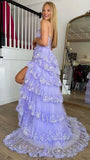 New Style One Shoulder A Line Tulle Sequin-Embroidery Tiered Prom Dresses with Slit Rjerdress