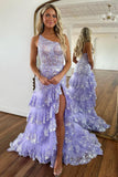 New Style One Shoulder A Line Tulle Sequin-Embroidery Tiered Prom Dresses with Slit