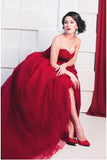 New Style Red Tulle Lace up Sweetheart Strapless Beads Ball Gown Prom Quinceanera Dress RJS512