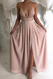 New Style Sexy Backless Long V-Neck Halter Sleeveless Simple Cheap Pink Prom Dresses rjs773