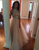 New Style Sexy Two Piece silver beaded bodice High Neck Tulle Skirts Champagne Prom Dress RJS103