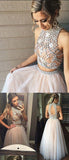 New Style Sexy Two Piece silver beaded bodice High Neck Tulle Skirts Champagne Prom Dress RJS103 Rjerdress