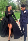 New Style Vintage Long Sleeve Sexy Black A-Line Lace High Neck Prom Dresses