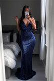 New Top Mermaid Spaghetti Straps Sleeveless Navy Blue Long Sequined  Prom Dresses