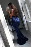 New Top Mermaid Spaghetti Straps Sleeveless Navy Blue Long Sequined  Prom Dresses Rjerdress